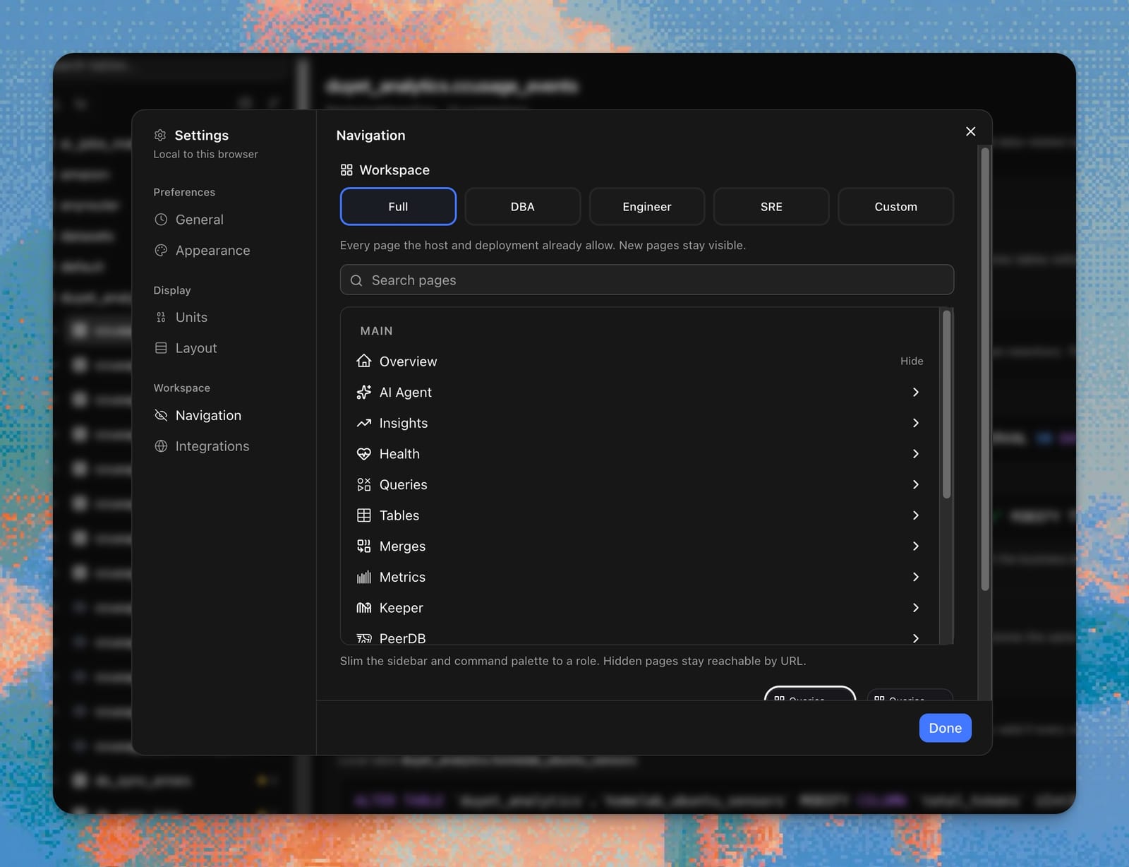 Settings Navigation: Full, DBA, Engineer, SRE, or Custom workspace roles