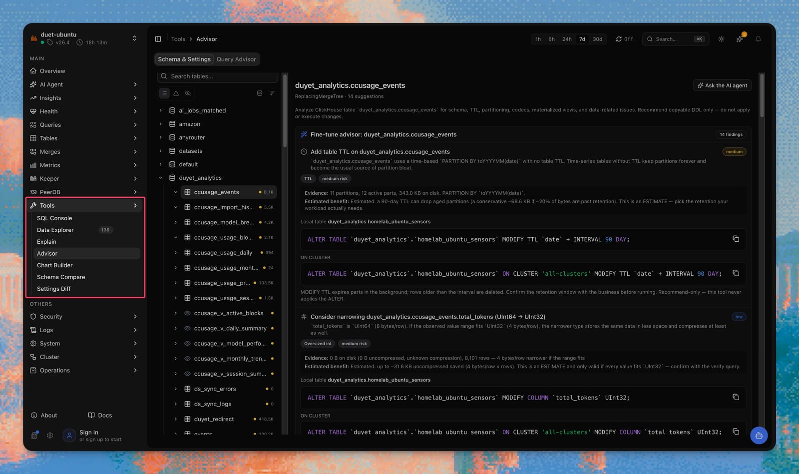 Tools menu open on Advisor — Schema & Settings with a table tree and copyable TTL advice