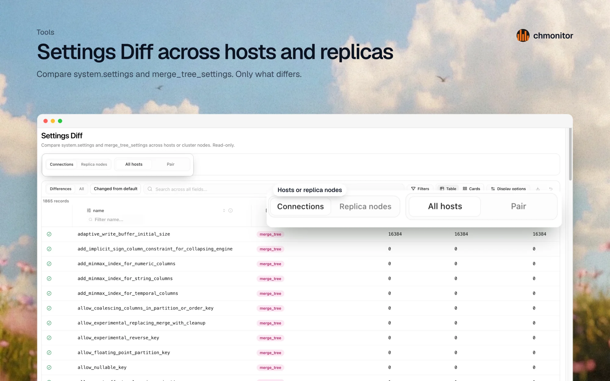 Settings Diff comparing merge_tree settings across ClickHouse hosts