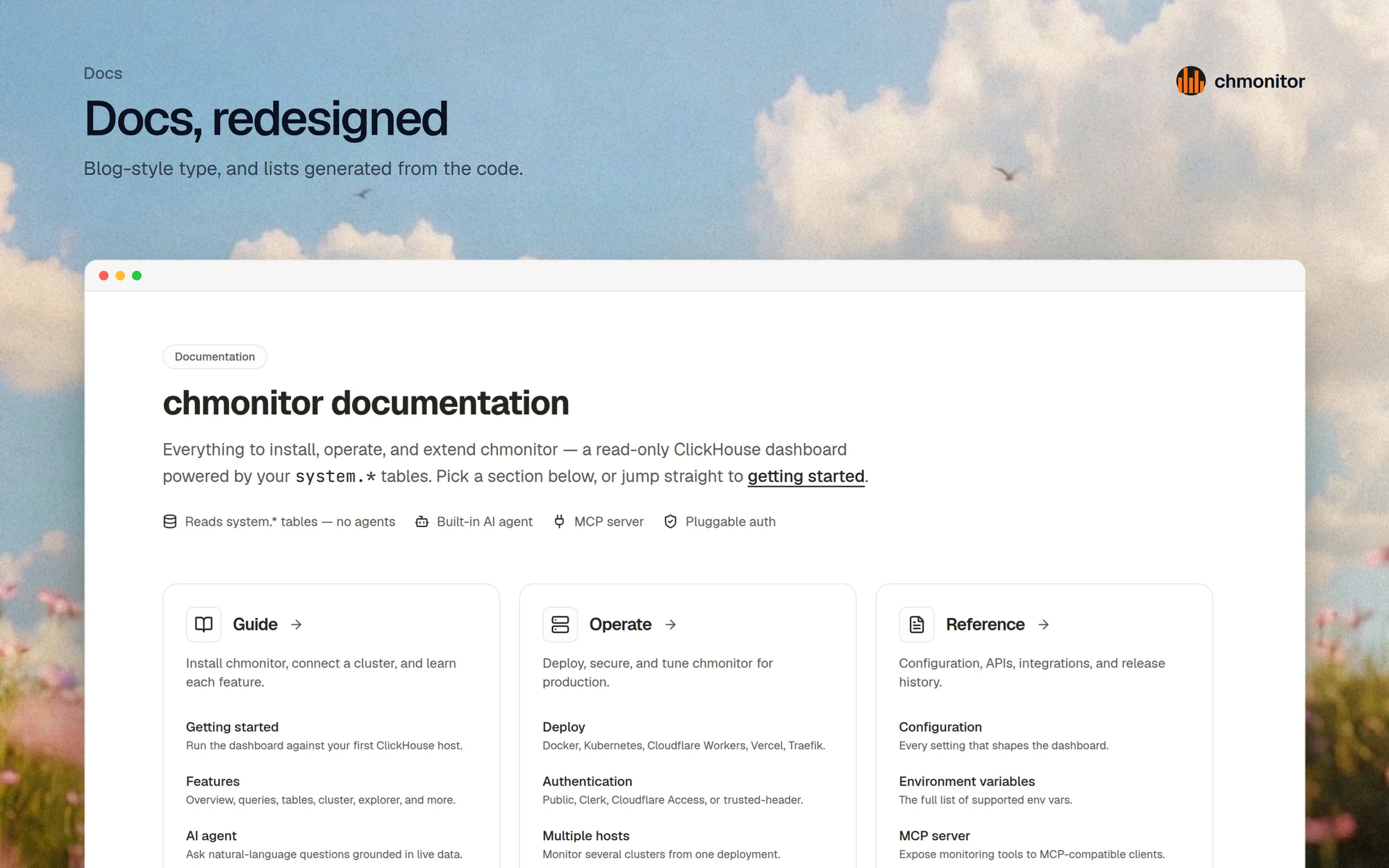 The redesigned chmonitor documentation home page with Guide, Operate, and Reference sections