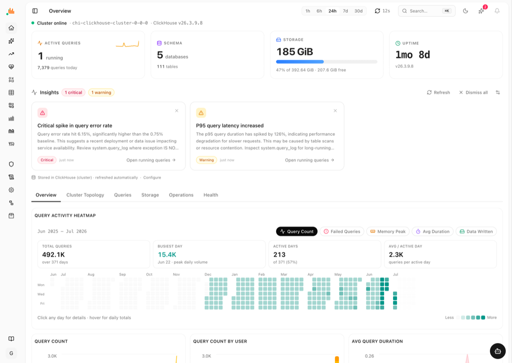 Overview page with a GitHub-style query activity heatmap