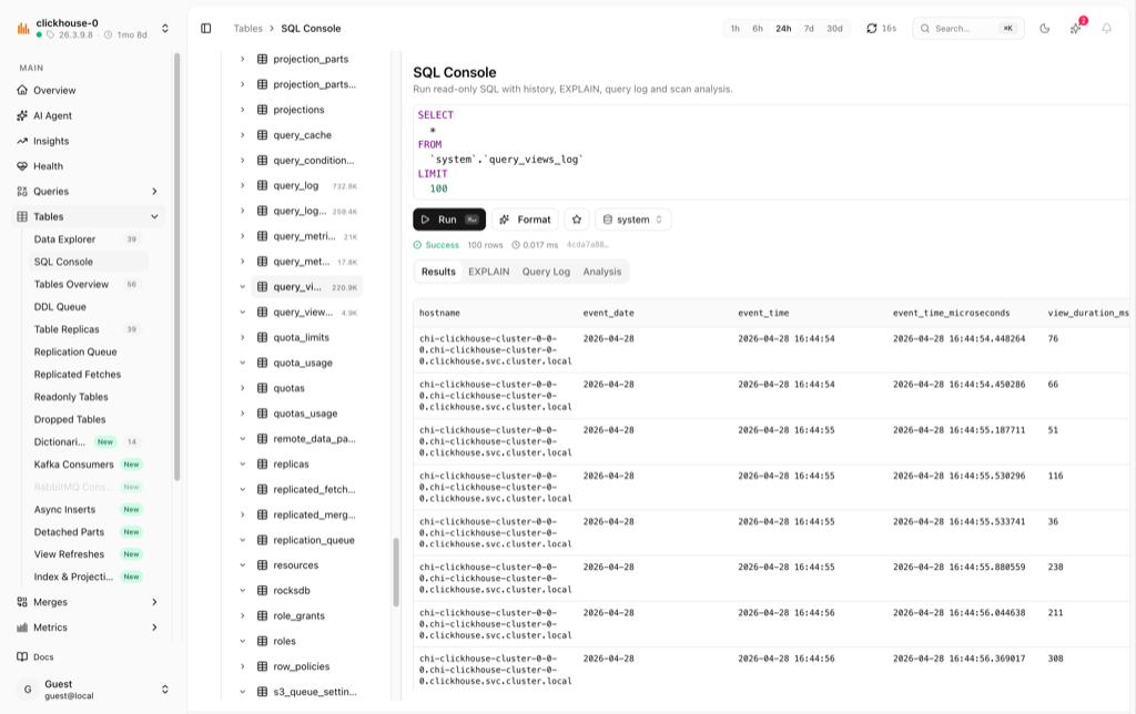 SQL Console with query editor, results, EXPLAIN and scan analysis tabs